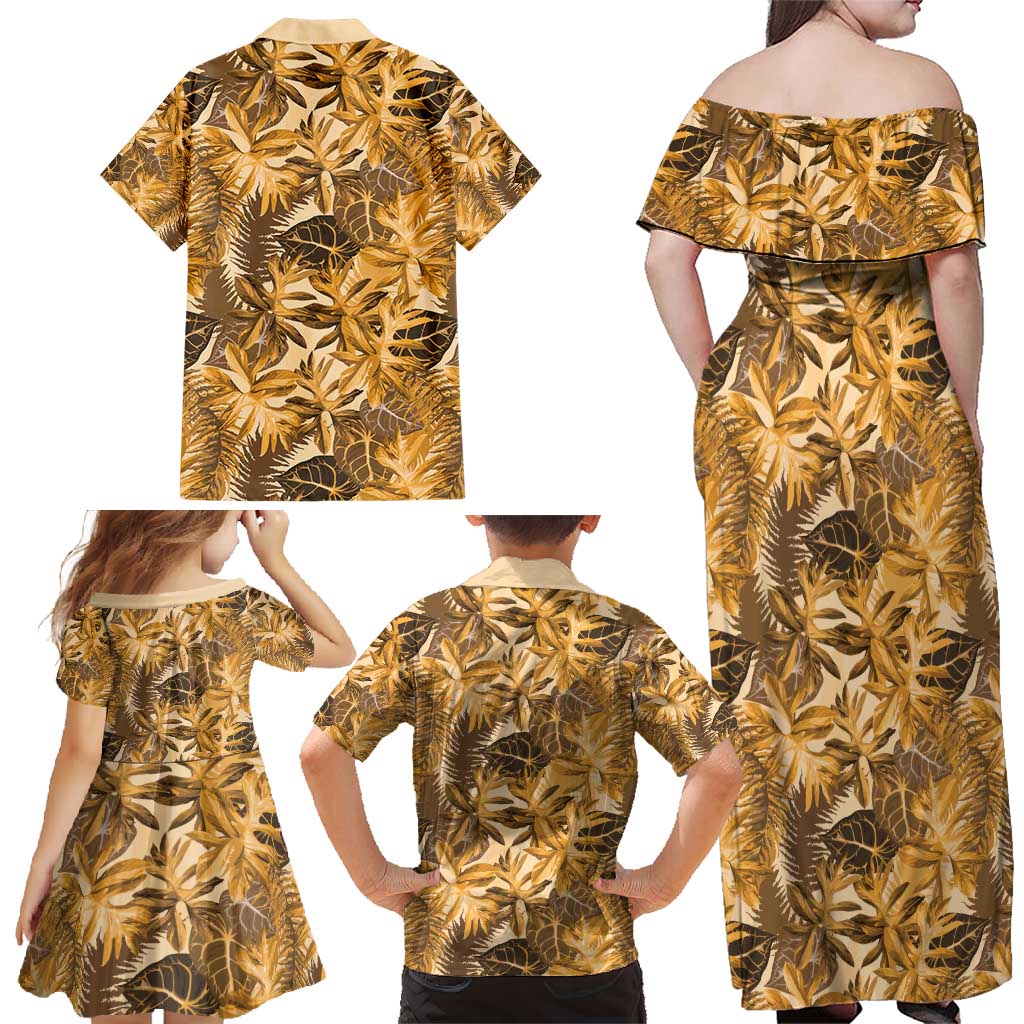 Hawaii Gold Tropical Leaves Family Matching Off Shoulder Maxi Dress and Hawaiian Shirt LT01 - Polynesian Pride