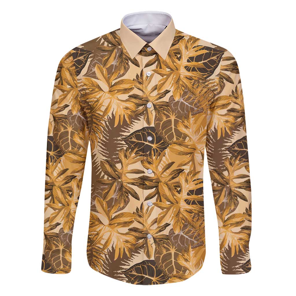 Hawaii Gold Tropical Leaves Family Matching Off Shoulder Maxi Dress and Hawaiian Shirt LT01 Dad's Shirt - Long Sleeve Gold - Polynesian Pride