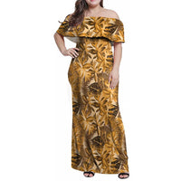 Hawaii Gold Tropical Leaves Family Matching Off Shoulder Maxi Dress and Hawaiian Shirt LT01 Mom's Dress Gold - Polynesian Pride