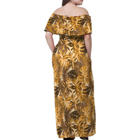 Hawaii Gold Tropical Leaves Family Matching Off Shoulder Maxi Dress and Hawaiian Shirt LT01 - Polynesian Pride