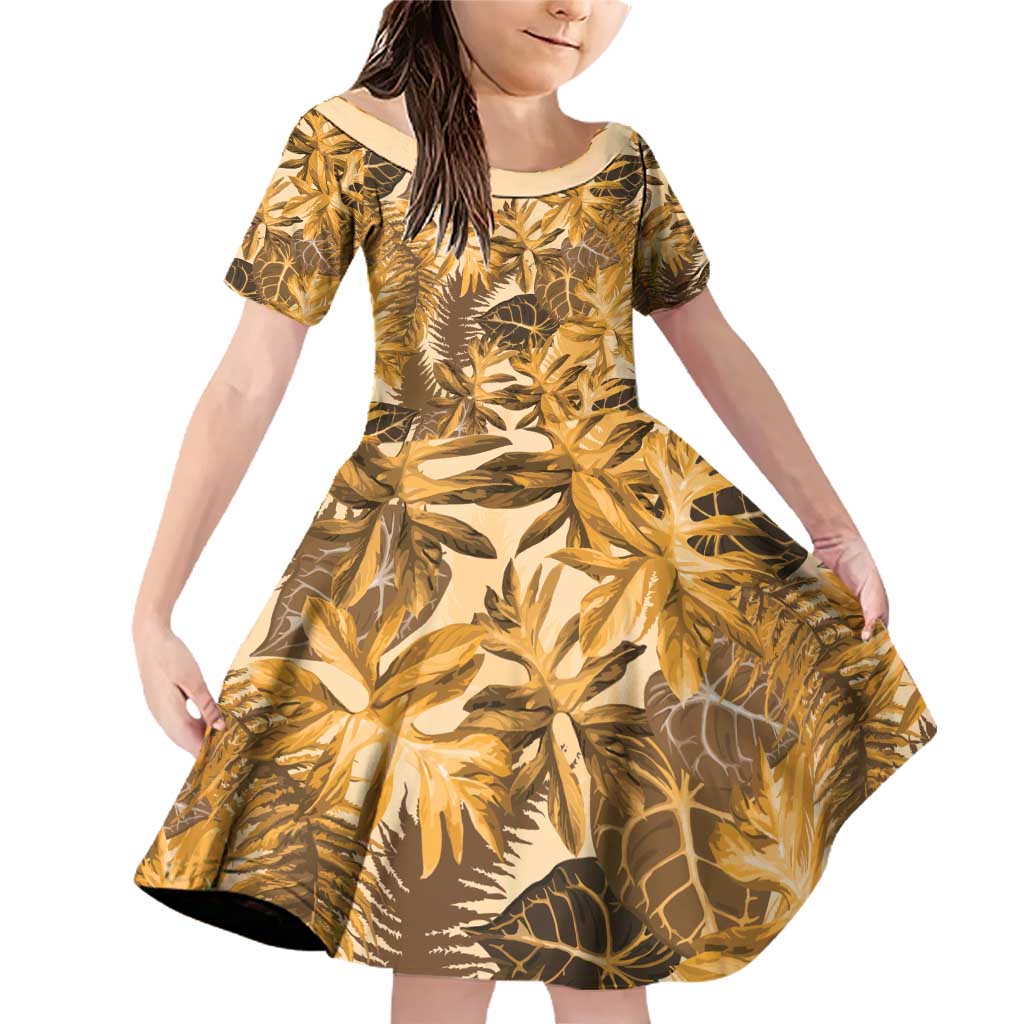 Hawaii Gold Tropical Leaves Family Matching Off Shoulder Short Dress and Hawaiian Shirt LT01 Daughter's Dress Gold - Polynesian Pride