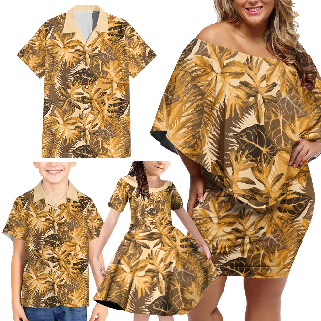 Hawaii Gold Tropical Leaves Family Matching Off Shoulder Short Dress and Hawaiian Shirt LT01 - Polynesian Pride