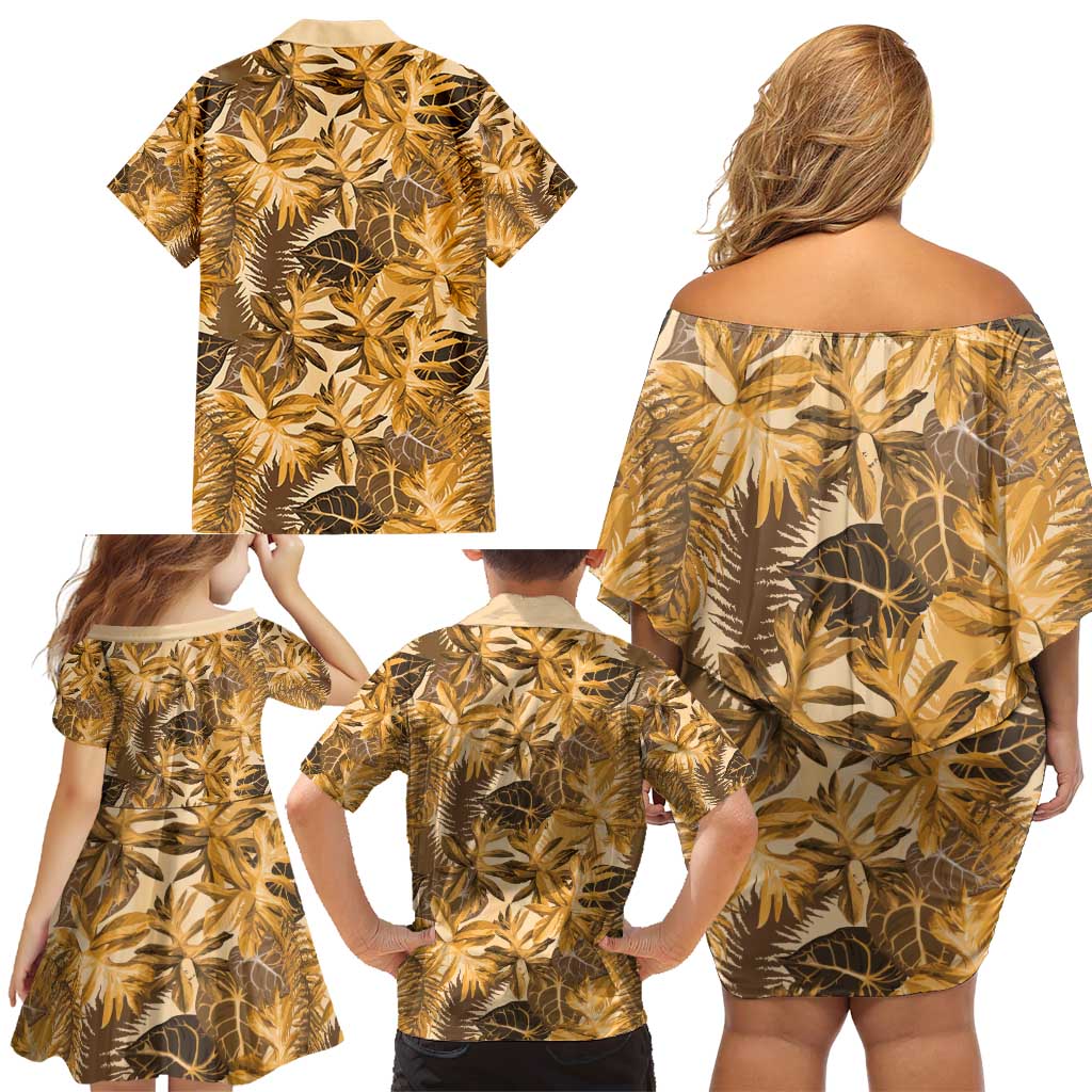 Hawaii Gold Tropical Leaves Family Matching Off Shoulder Short Dress and Hawaiian Shirt LT01 - Polynesian Pride