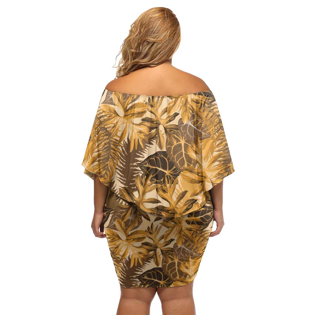 Hawaii Gold Tropical Leaves Family Matching Off Shoulder Short Dress and Hawaiian Shirt LT01 - Polynesian Pride
