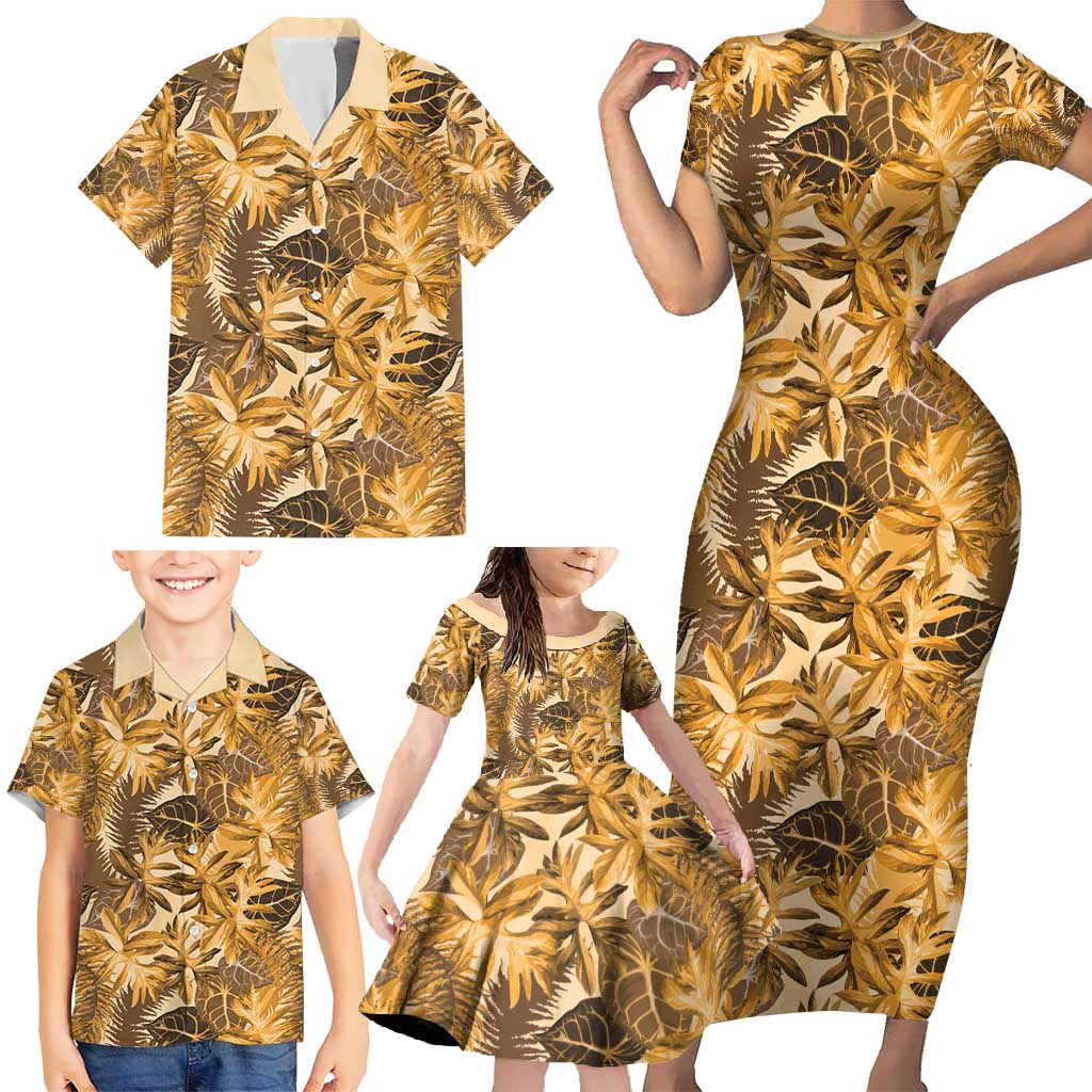 Hawaii Gold Tropical Leaves Family Matching Short Sleeve Bodycon Dress and Hawaiian Shirt LT01 - Polynesian Pride