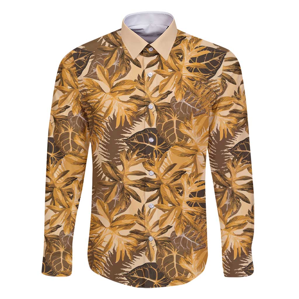 Hawaii Gold Tropical Leaves Family Matching Short Sleeve Bodycon Dress and Hawaiian Shirt LT01 Dad's Shirt - Long Sleeve Gold - Polynesian Pride