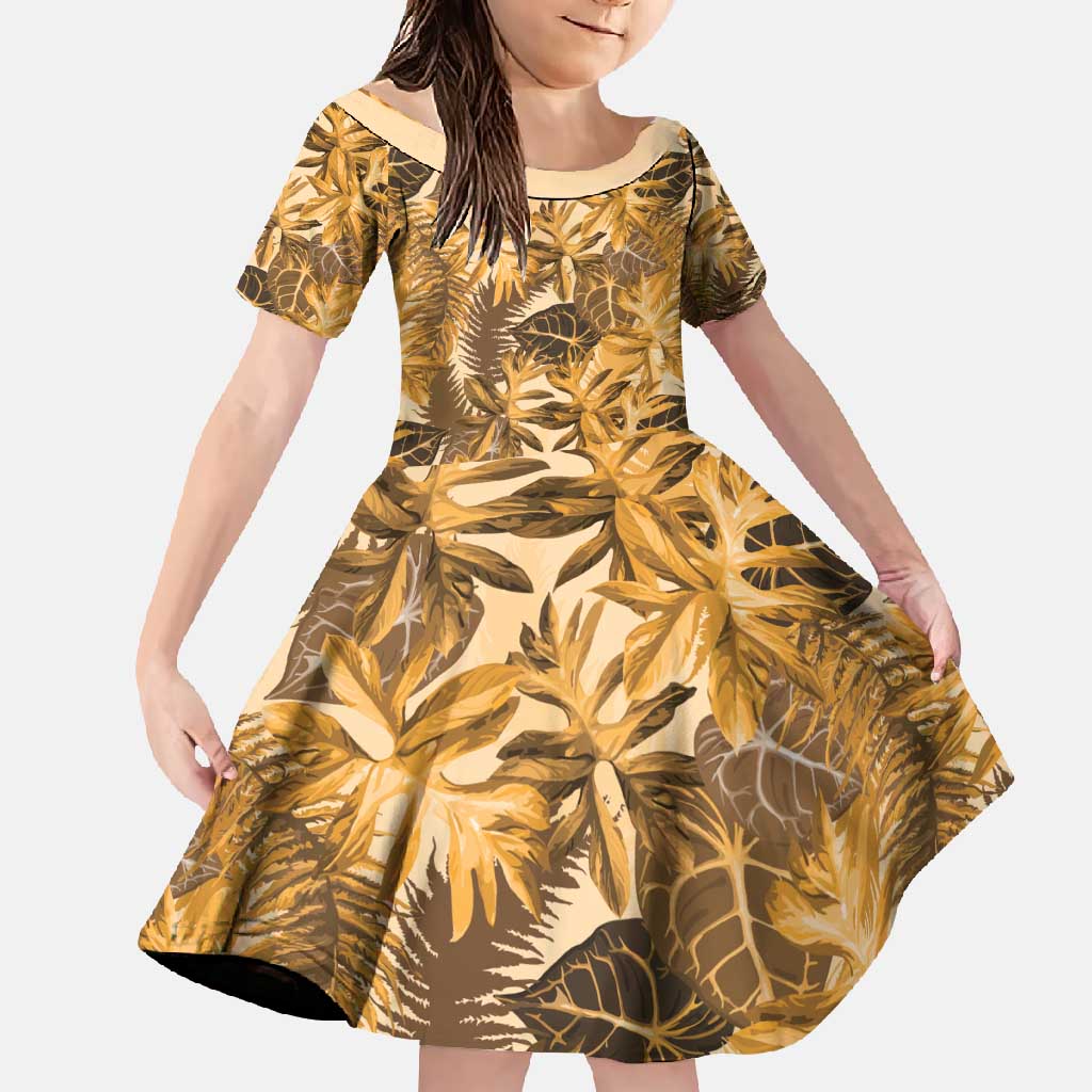 Hawaii Gold Tropical Leaves Family Matching Summer Maxi Dress and Hawaiian Shirt LT01 Daughter's Dress Gold - Polynesian Pride