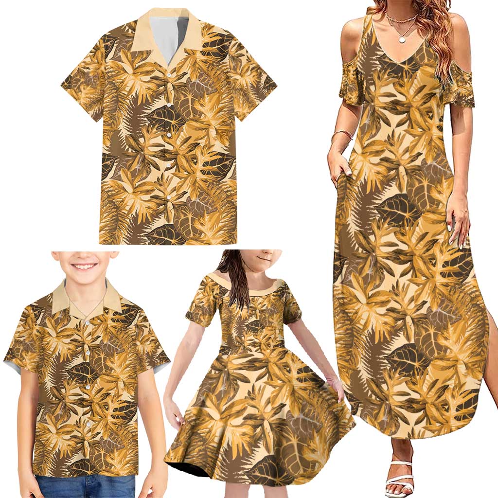 Hawaii Gold Tropical Leaves Family Matching Summer Maxi Dress and Hawaiian Shirt LT01 - Polynesian Pride
