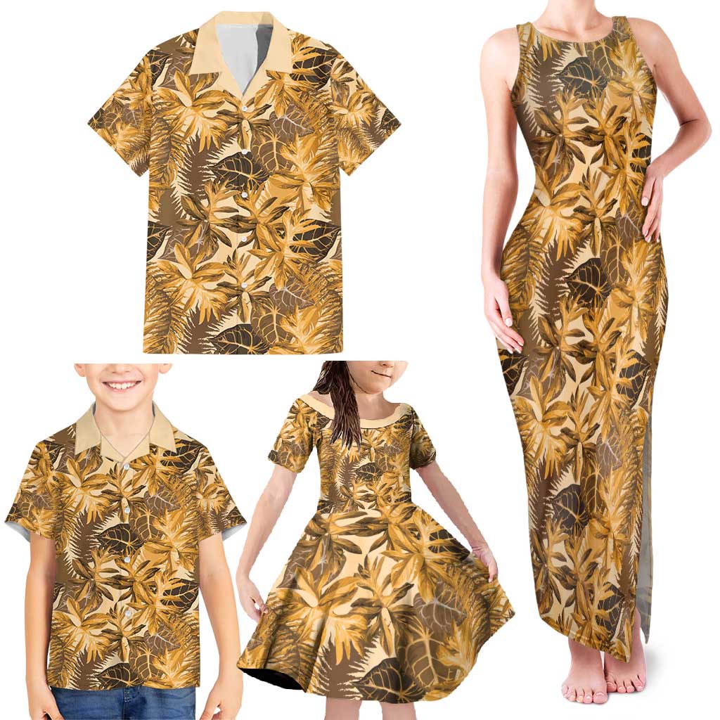 Hawaii Gold Tropical Leaves Family Matching Tank Maxi Dress and Hawaiian Shirt - Polynesian Pride
