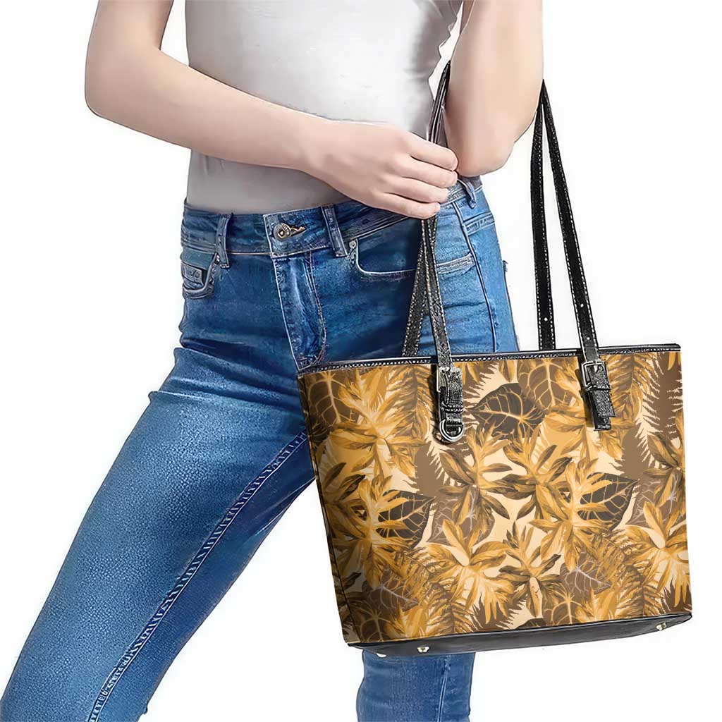 Hawaii Gold Tropical Leaves Leather Tote Bag - Polynesian Pride