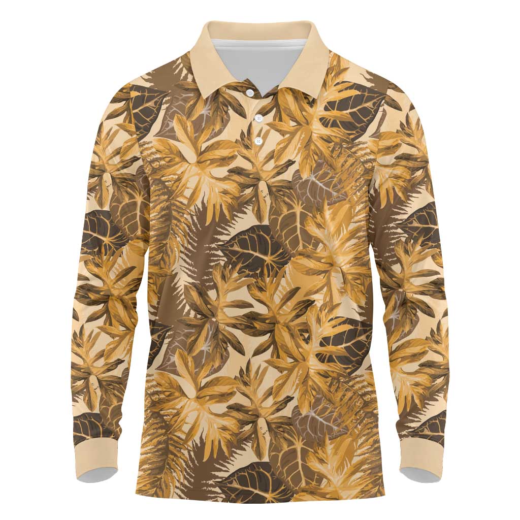 Hawaii Gold Tropical Leaves Long Sleeve Polo Shirt LT01 Gold - Polynesian Pride