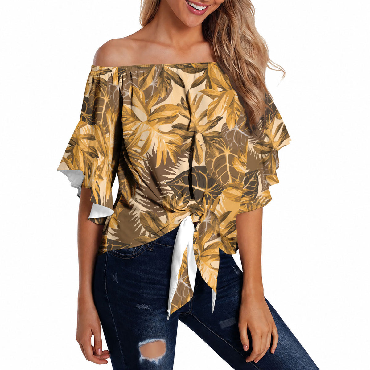 Hawaii Gold Tropical Leaves Off Shoulder Wrap Waist Top LT01 - Polynesian Pride