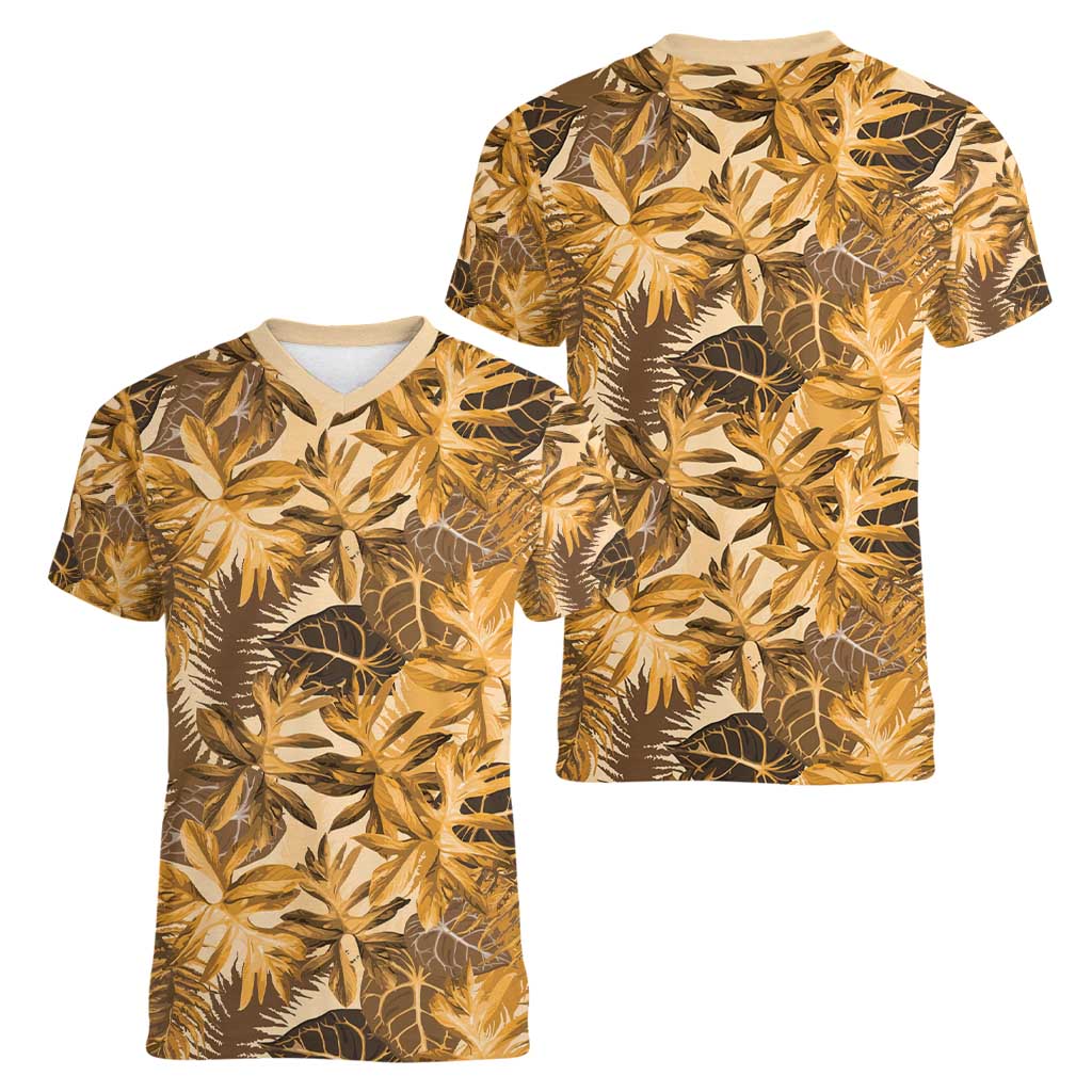 Hawaii Gold Tropical Leaves Women V-Neck T-Shirt LT01 - Polynesian Pride