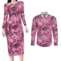 Hawaii Pink Tropical Leaves Couples Matching Long Sleeve Bodycon Dress and Long Sleeve Button Shirt - Polynesian Pride