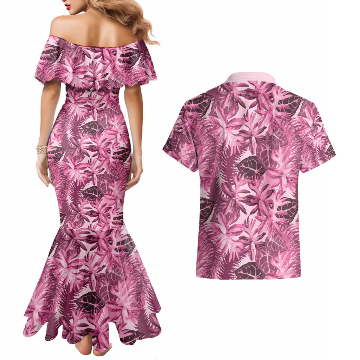 Hawaii Pink Tropical Leaves Couples Matching Mermaid Dress and Hawaiian Shirt - Polynesian Pride