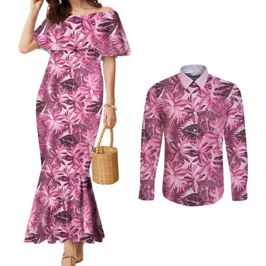 Hawaii Pink Tropical Leaves Couples Matching Mermaid Dress and Long Sleeve Button Shirt - Polynesian Pride