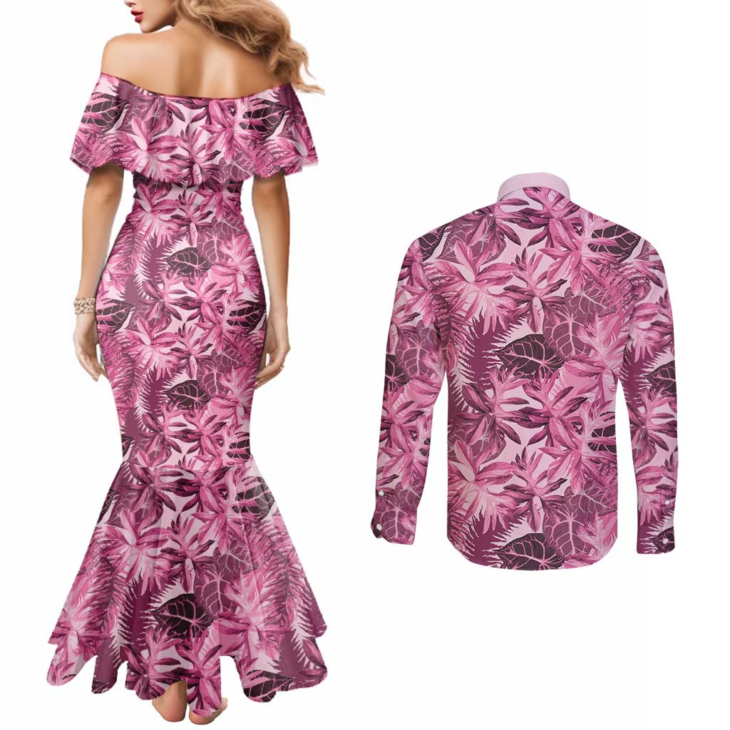 Hawaii Pink Tropical Leaves Couples Matching Mermaid Dress and Long Sleeve Button Shirt - Polynesian Pride