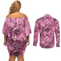 Hawaii Pink Tropical Leaves Couples Matching Off Shoulder Short Dress and Long Sleeve Button Shirt - Polynesian Pride