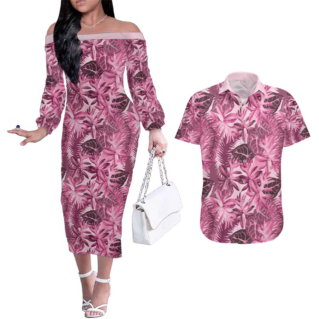 Hawaii Pink Tropical Leaves Couples Matching Off The Shoulder Long Sleeve Dress and Hawaiian Shirt LT01 Pink - Polynesian Pride