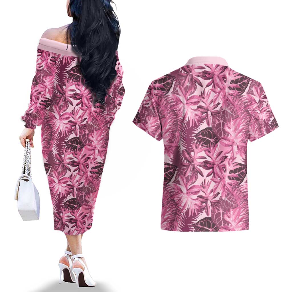 Hawaii Pink Tropical Leaves Couples Matching Off The Shoulder Long Sleeve Dress and Hawaiian Shirt LT01 - Polynesian Pride