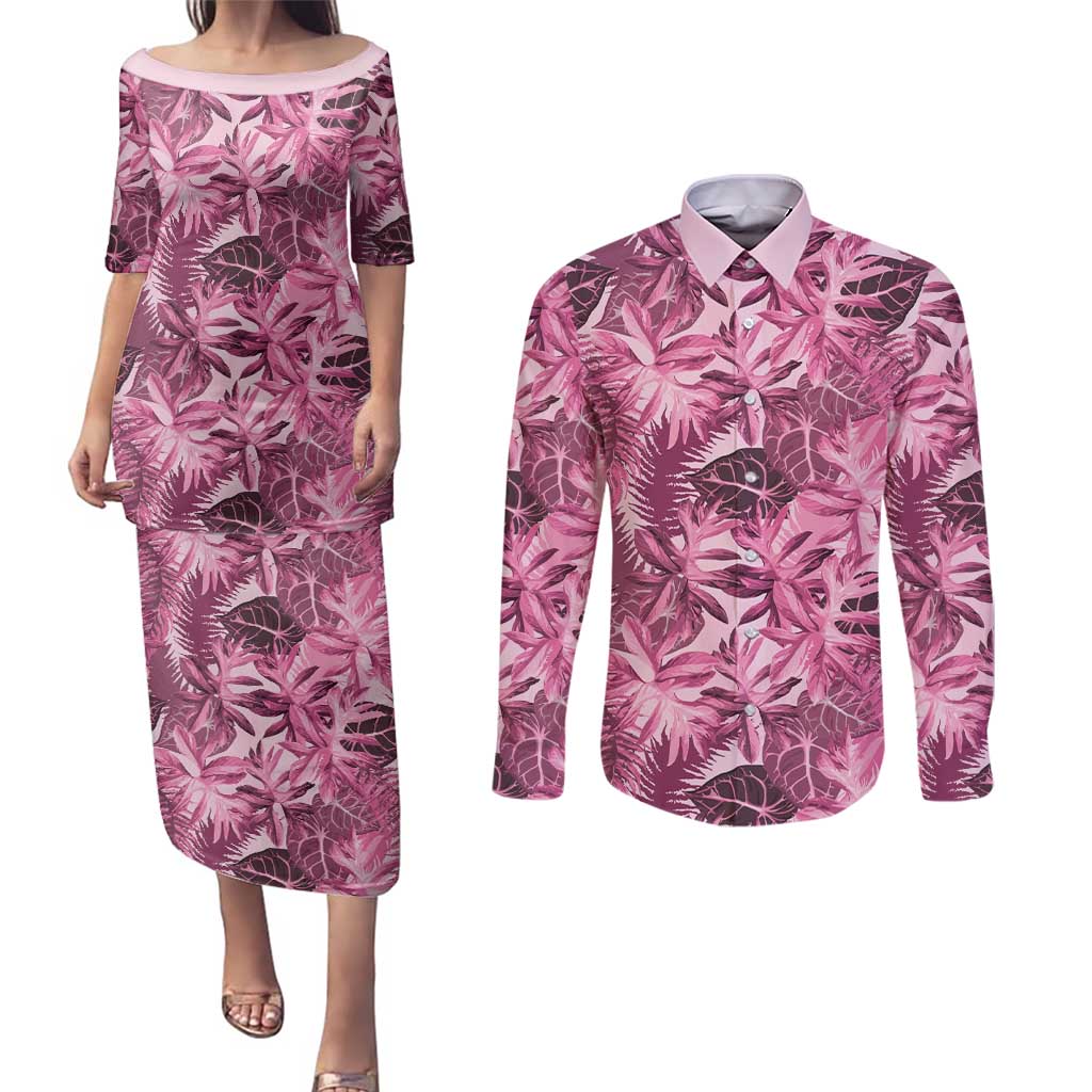Hawaii Pink Tropical Leaves Couples Matching Puletasi and Long Sleeve Button Shirt LT01 Pink - Polynesian Pride