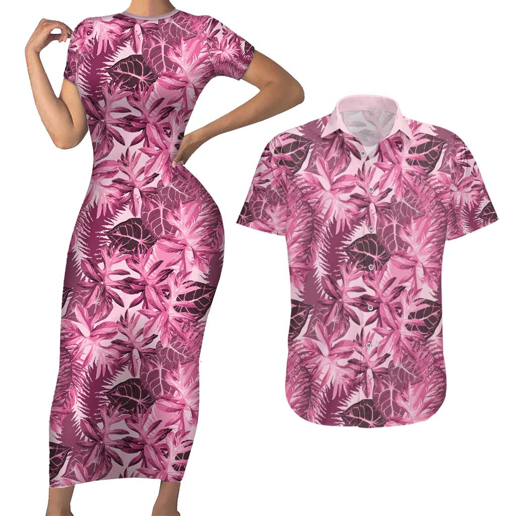 Hawaii Pink Tropical Leaves Couples Matching Short Sleeve Bodycon Dress and Hawaiian Shirt - Polynesian Pride