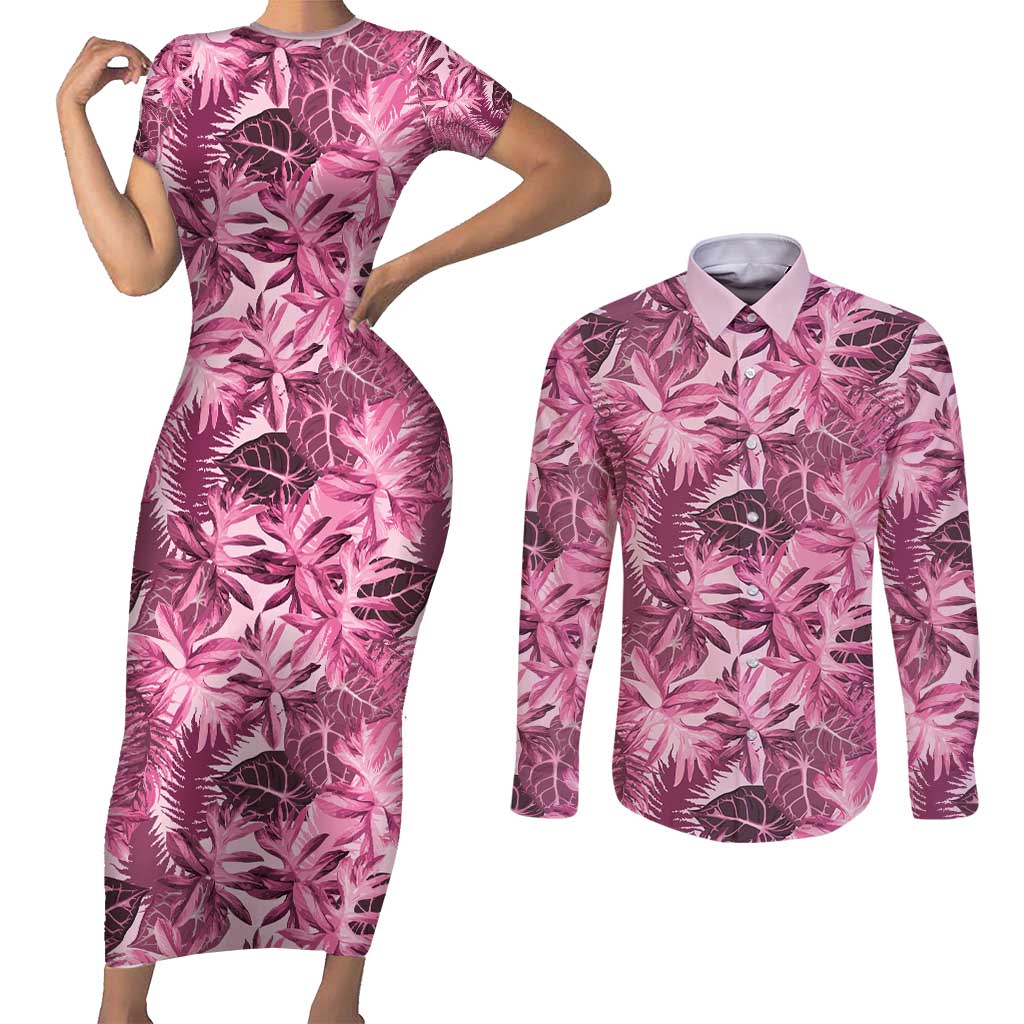 Hawaii Pink Tropical Leaves Couples Matching Short Sleeve Bodycon Dress and Long Sleeve Button Shirt - Polynesian Pride