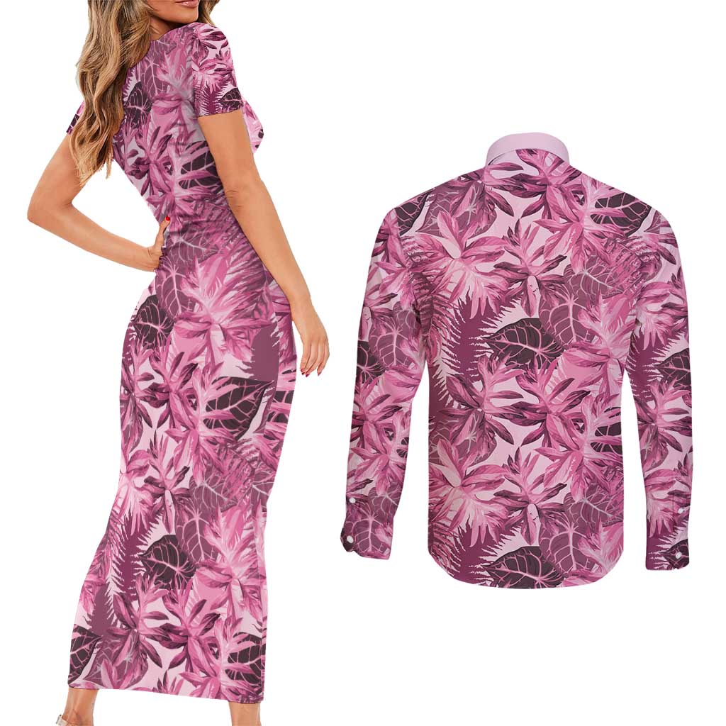 Hawaii Pink Tropical Leaves Couples Matching Short Sleeve Bodycon Dress and Long Sleeve Button Shirt - Polynesian Pride