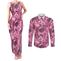 Hawaii Pink Tropical Leaves Couples Matching Tank Maxi Dress and Long Sleeve Button Shirt - Polynesian Pride