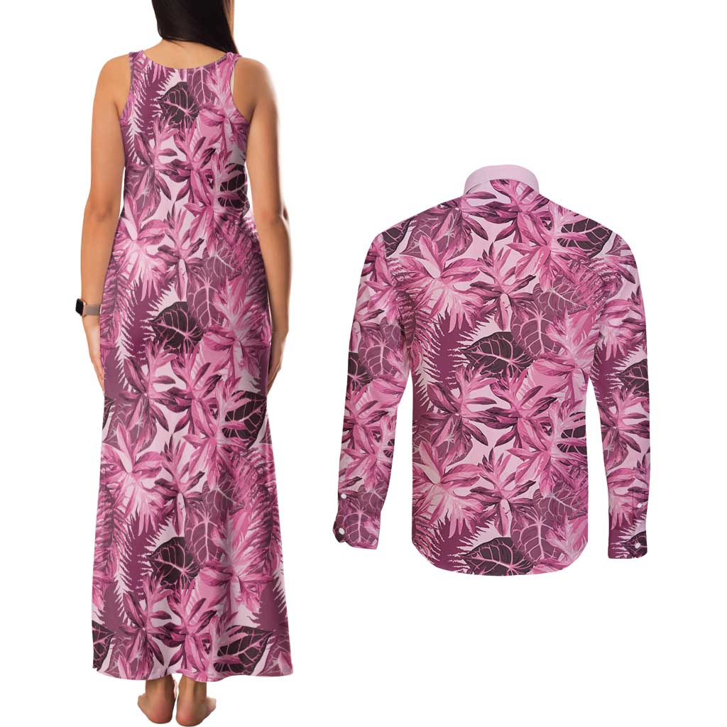 Hawaii Pink Tropical Leaves Couples Matching Tank Maxi Dress and Long Sleeve Button Shirt - Polynesian Pride