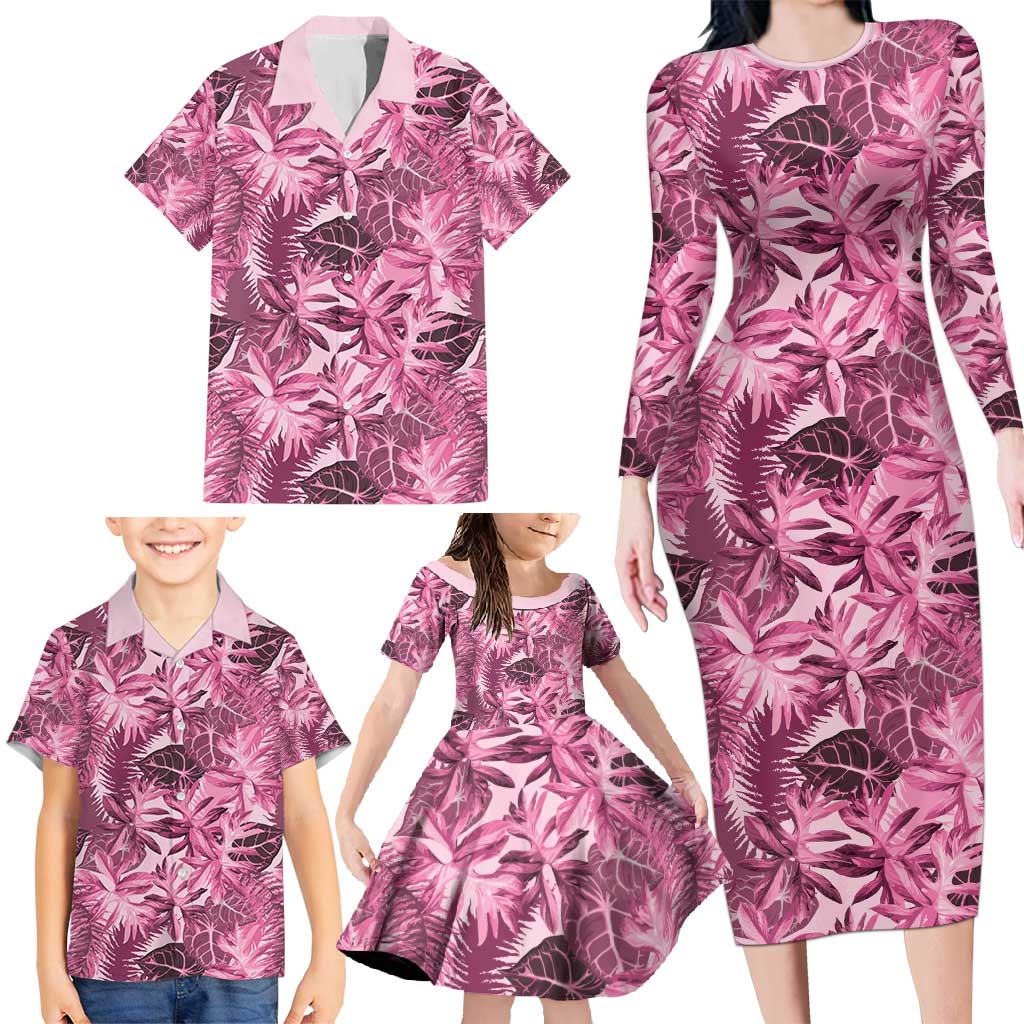 Hawaii Pink Tropical Leaves Family Matching Long Sleeve Bodycon Dress and Hawaiian Shirt LT01 - Polynesian Pride