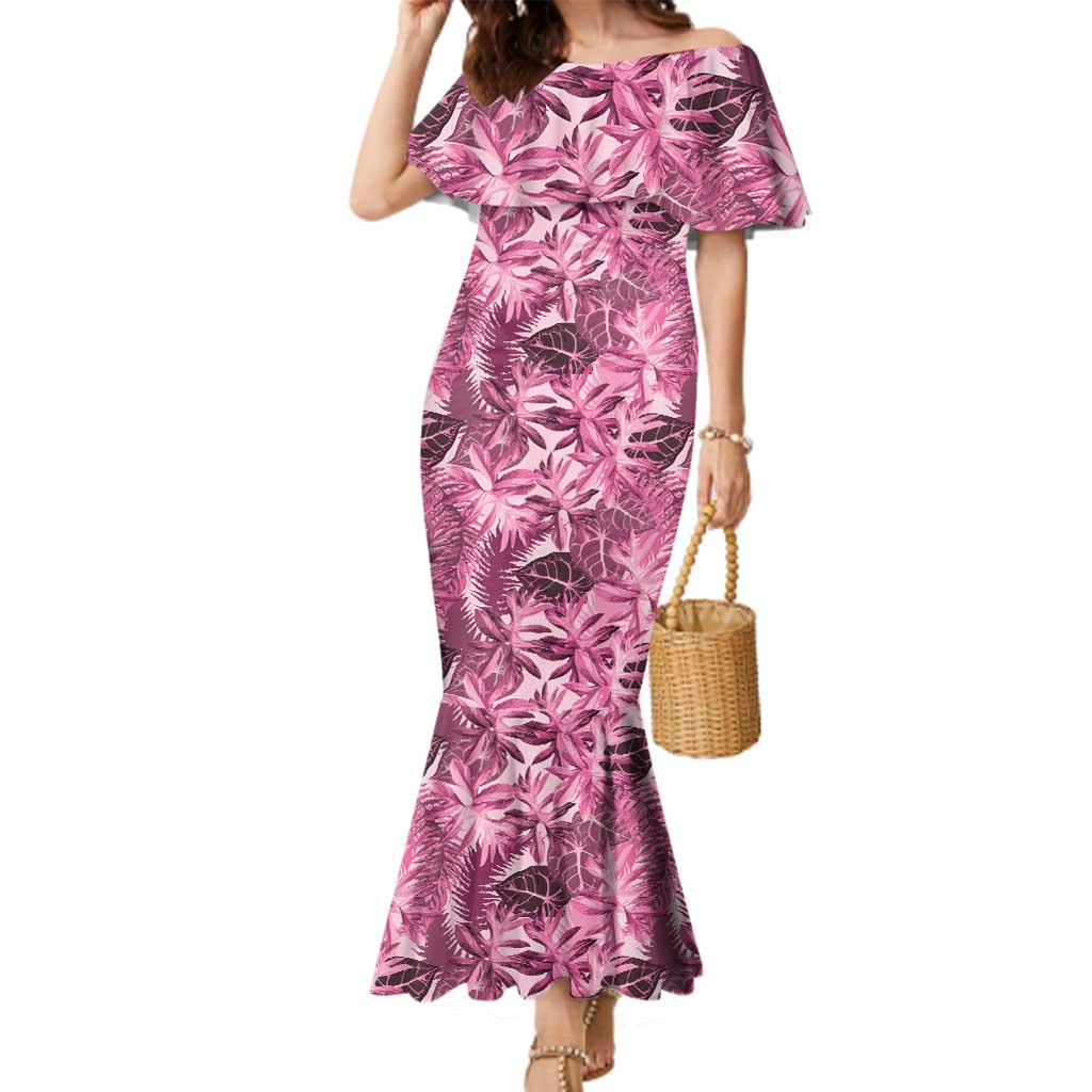 Hawaii Pink Tropical Leaves Family Matching Mermaid Dress and Hawaiian Shirt LT01 Mom's Dress Pink - Polynesian Pride
