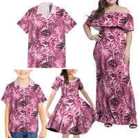 Hawaii Pink Tropical Leaves Family Matching Off Shoulder Maxi Dress and Hawaiian Shirt LT01 - Polynesian Pride