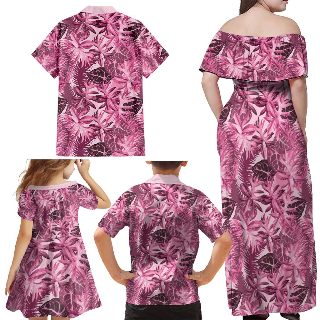 Hawaii Pink Tropical Leaves Family Matching Off Shoulder Maxi Dress and Hawaiian Shirt LT01 - Polynesian Pride