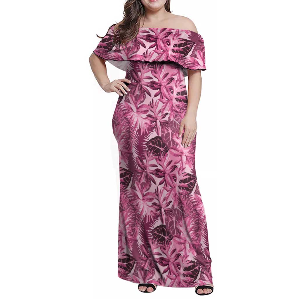 Hawaii Pink Tropical Leaves Family Matching Off Shoulder Maxi Dress and Hawaiian Shirt LT01 Mom's Dress Pink - Polynesian Pride