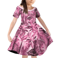 Hawaii Pink Tropical Leaves Family Matching Off Shoulder Short Dress and Hawaiian Shirt LT01 Daughter's Dress Pink - Polynesian Pride