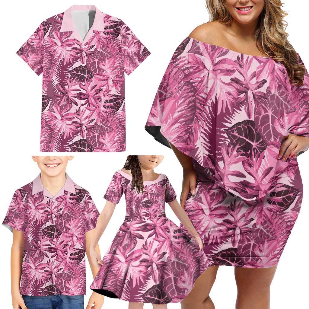 Hawaii Pink Tropical Leaves Family Matching Off Shoulder Short Dress and Hawaiian Shirt LT01 - Polynesian Pride