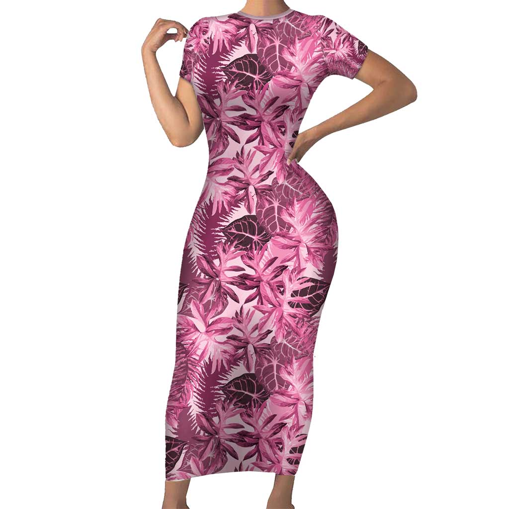 Hawaii Pink Tropical Leaves Family Matching Short Sleeve Bodycon Dress and Hawaiian Shirt LT01 Mom's Dress Pink - Polynesian Pride