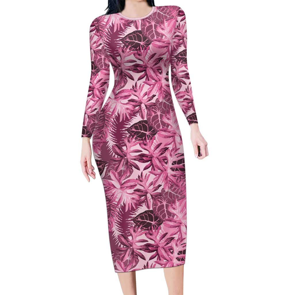 Hawaii Pink Tropical Leaves Long Sleeve Bodycon Dress LT01 Long Dress Pink - Polynesian Pride