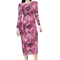 Hawaii Pink Tropical Leaves Long Sleeve Bodycon Dress LT01 Long Dress Pink - Polynesian Pride