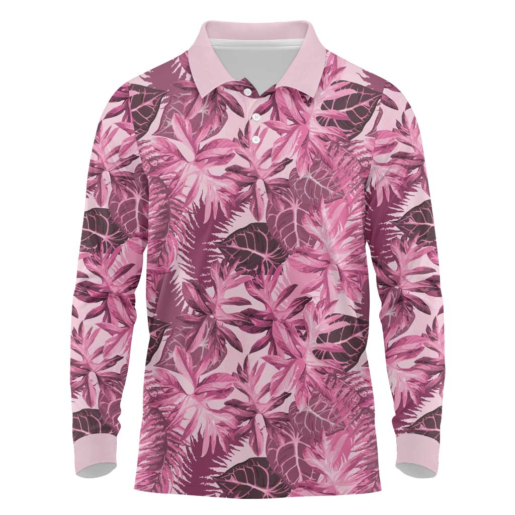 Hawaii Pink Tropical Leaves Long Sleeve Polo Shirt LT01 Pink - Polynesian Pride