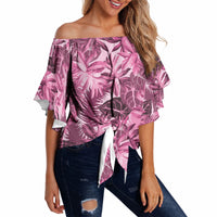 Hawaii Pink Tropical Leaves Off Shoulder Wrap Waist Top LT01 - Polynesian Pride