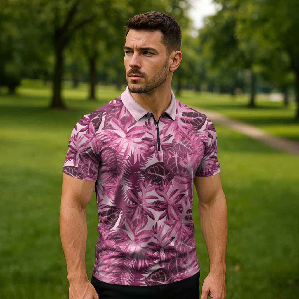 Hawaii Pink Tropical Leaves Zipper Polo Shirt LT01 - Polynesian Pride