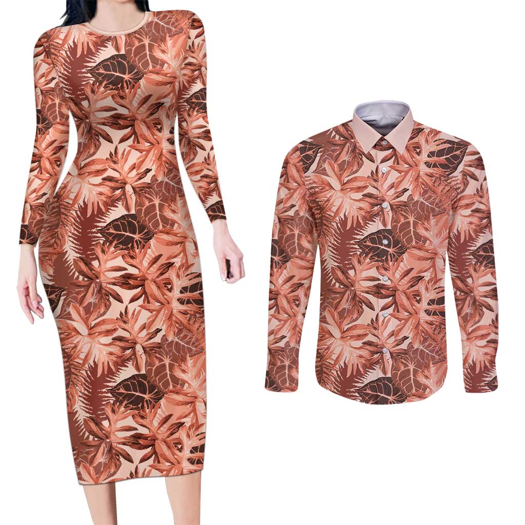 Hawaii Red Brown Tropical Leaves Couples Matching Long Sleeve Bodycon Dress and Long Sleeve Button Shirt - Polynesian Pride