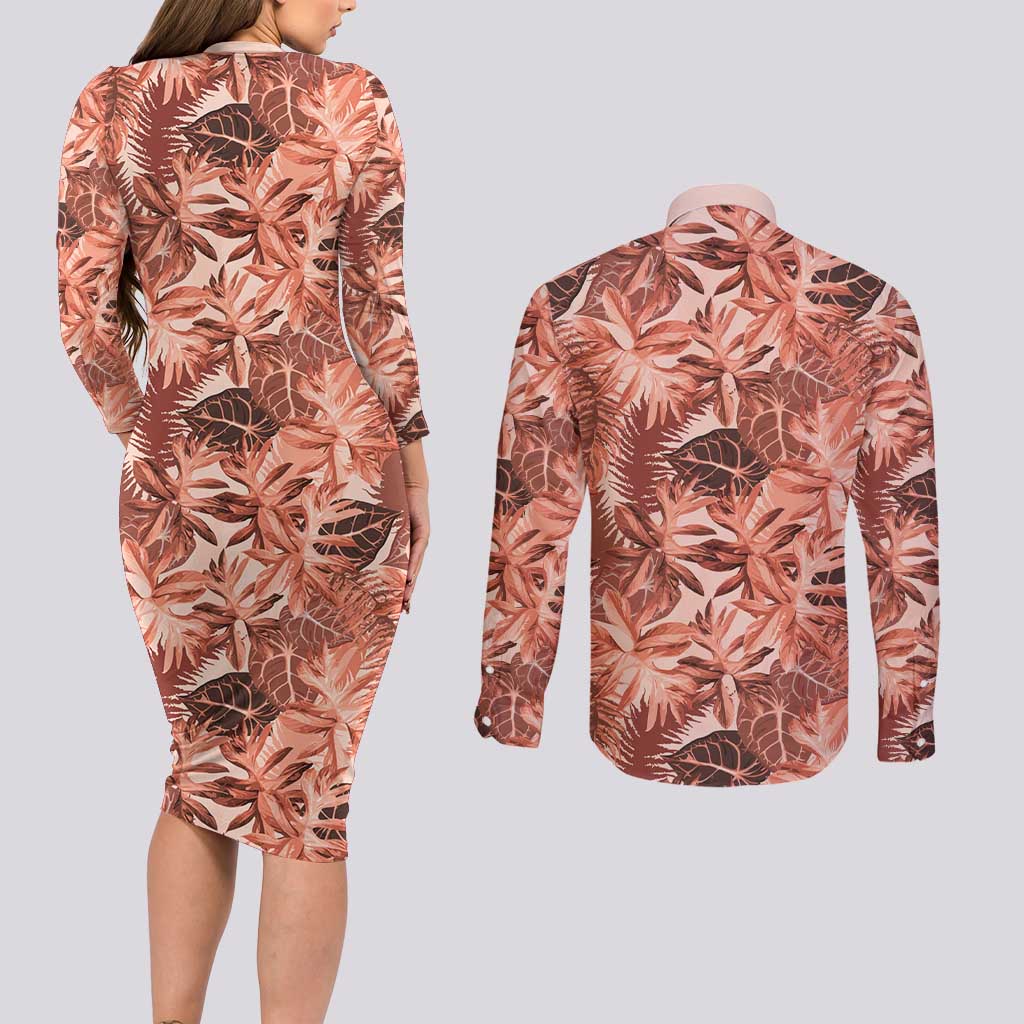 Hawaii Red Brown Tropical Leaves Couples Matching Long Sleeve Bodycon Dress and Long Sleeve Button Shirt - Polynesian Pride