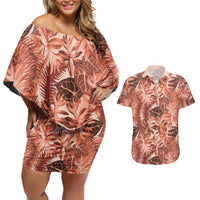 Hawaii Red Brown Tropical Leaves Couples Matching Off Shoulder Short Dress and Hawaiian Shirt - Polynesian Pride