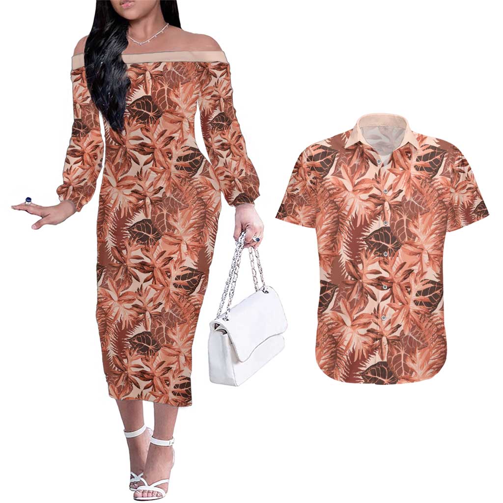 Hawaii Red Brown Tropical Leaves Couples Matching Off The Shoulder Long Sleeve Dress and Hawaiian Shirt - Polynesian Pride