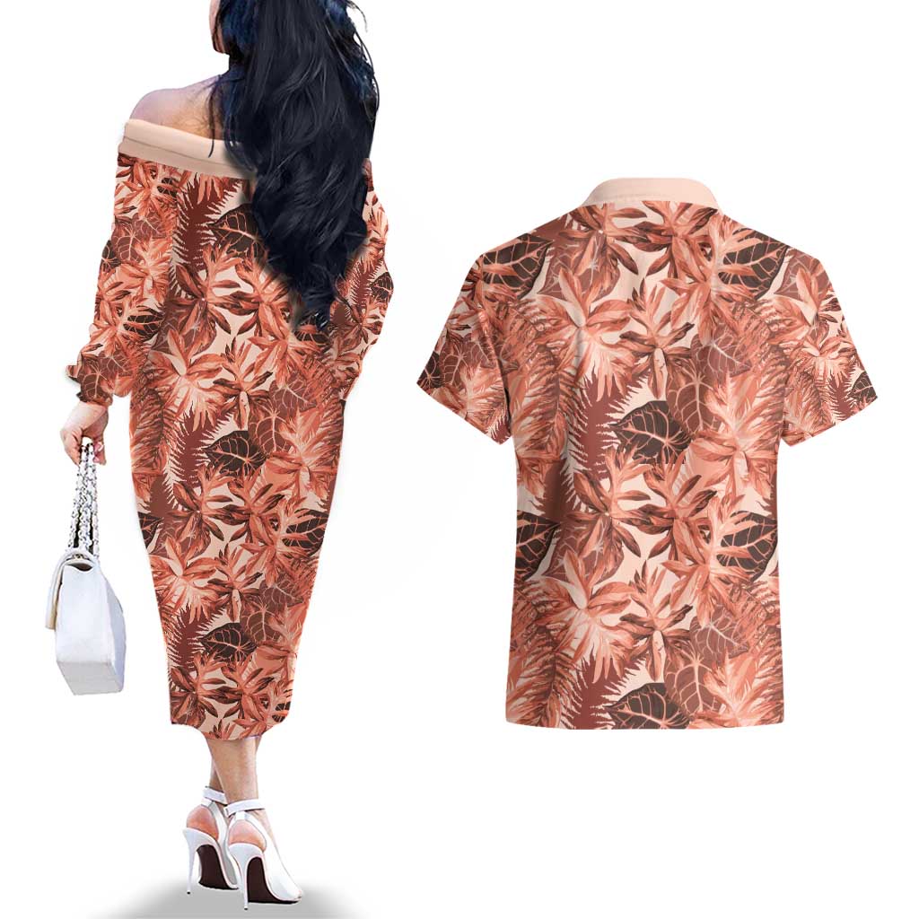 Hawaii Red Brown Tropical Leaves Couples Matching Off The Shoulder Long Sleeve Dress and Hawaiian Shirt LT01 - Polynesian Pride