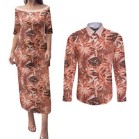 Hawaii Red Brown Tropical Leaves Couples Matching Puletasi and Long Sleeve Button Shirt LT01 Brown - Polynesian Pride
