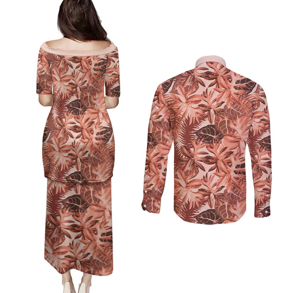 Hawaii Red Brown Tropical Leaves Couples Matching Puletasi and Long Sleeve Button Shirt LT01 - Polynesian Pride